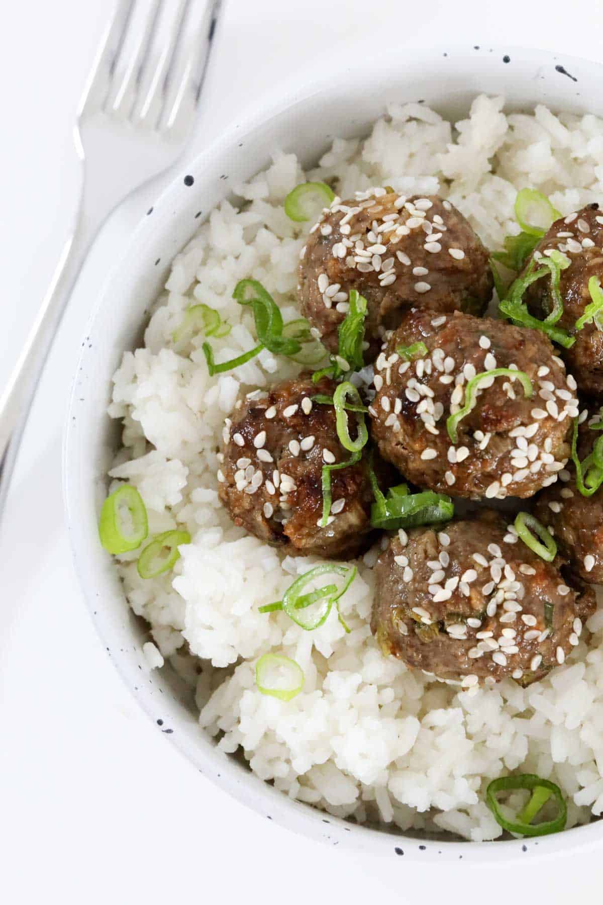 Meatballs and rice in a bowl, with a fork to the left side.