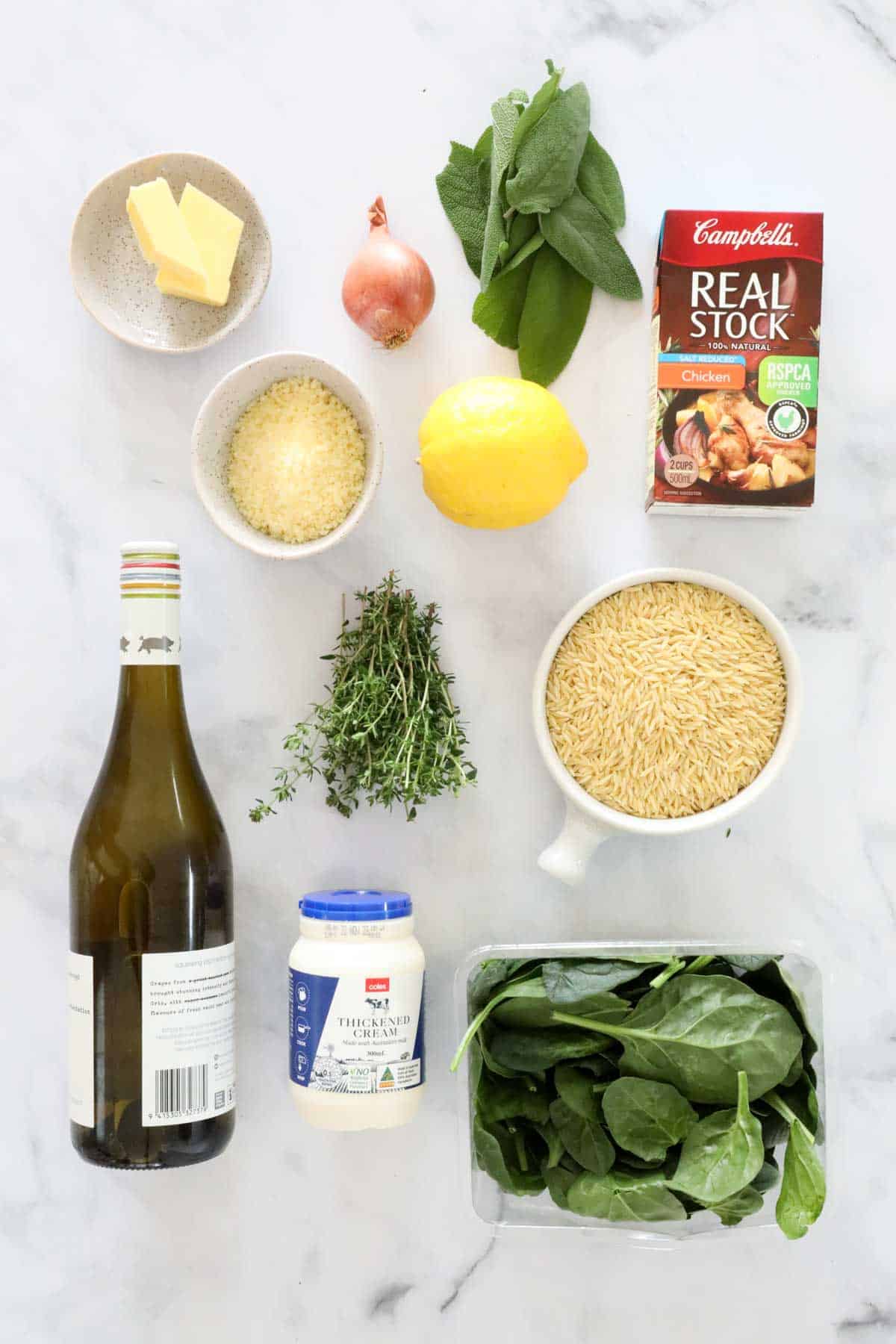 Ingredients for crispy sage leaves and creamy lemon & spinach risoni.