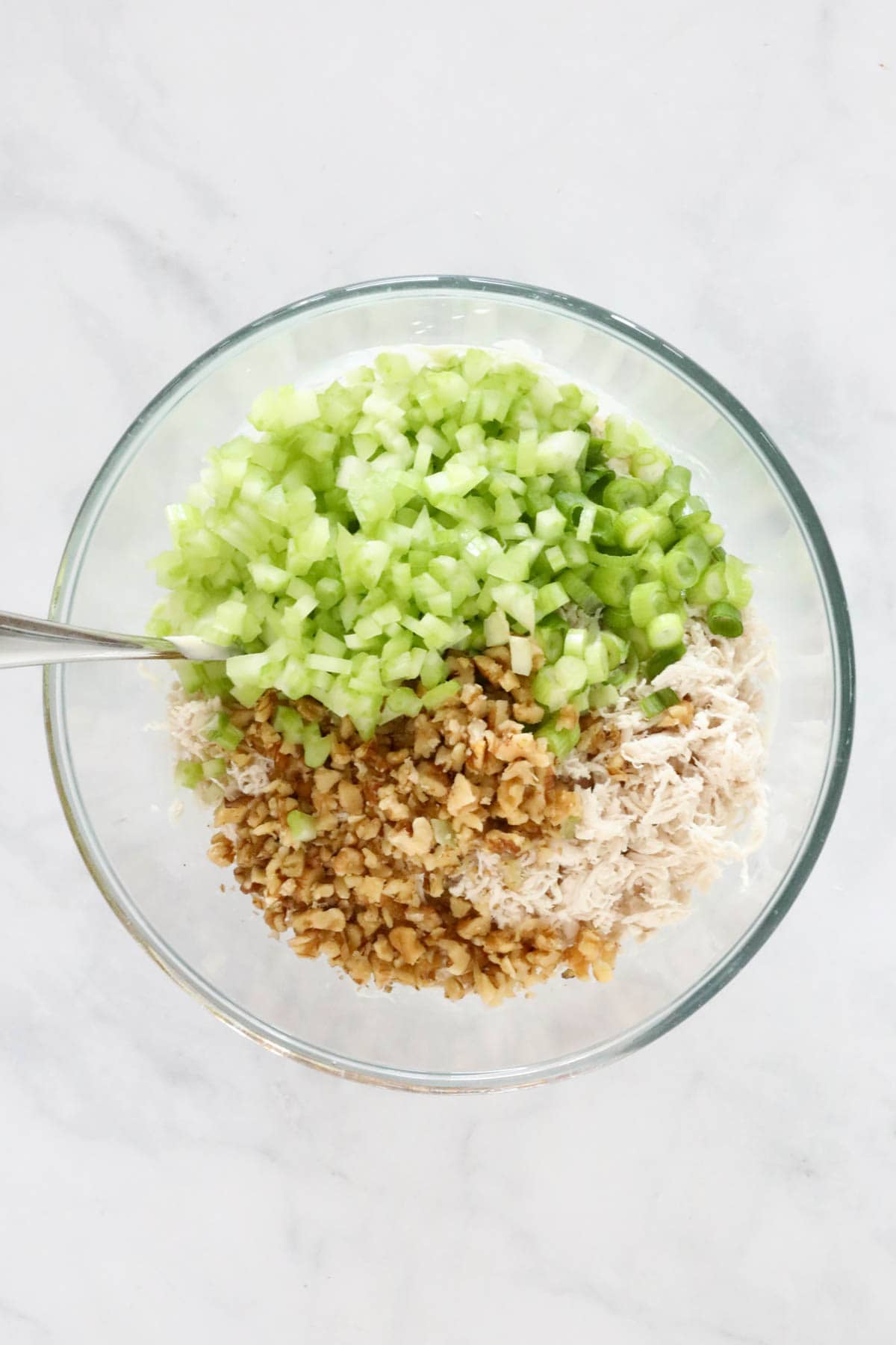 Chopped celery, spring onions, chopped walnuts and shredded chicken added to the mayo dressing.