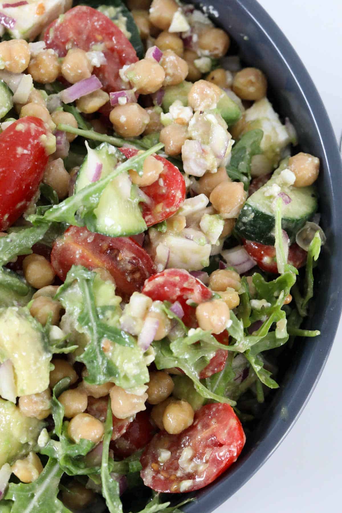 A bowl of chickpea salad ready to serve.