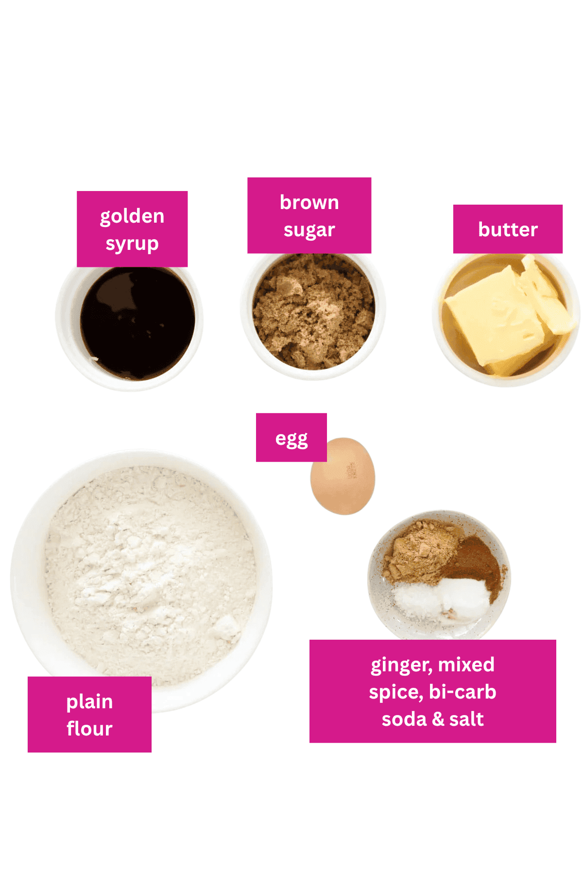 The ingredients for homemade gingerbread in small bowls.