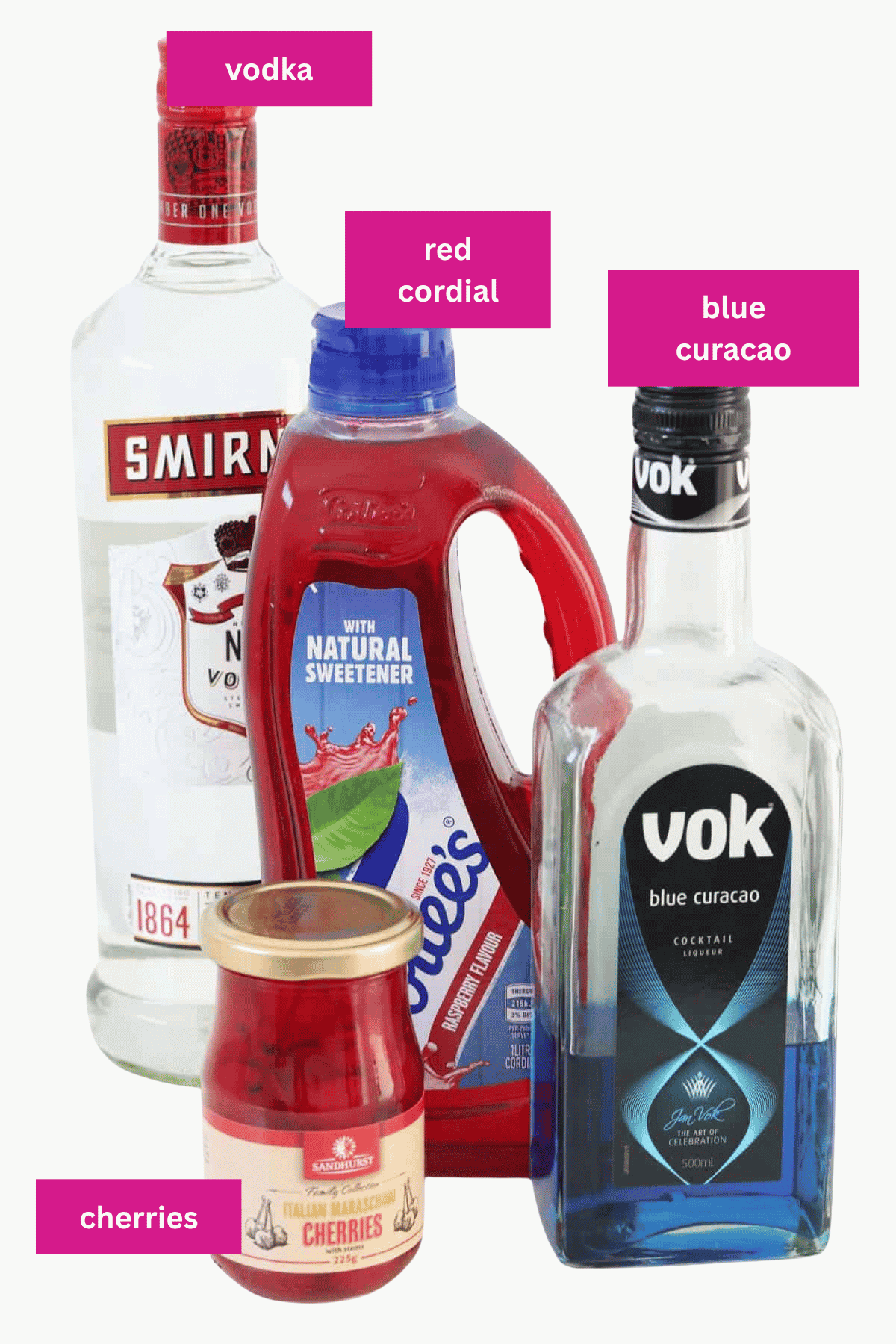 The ingredients for a fruit tingle cocktail.