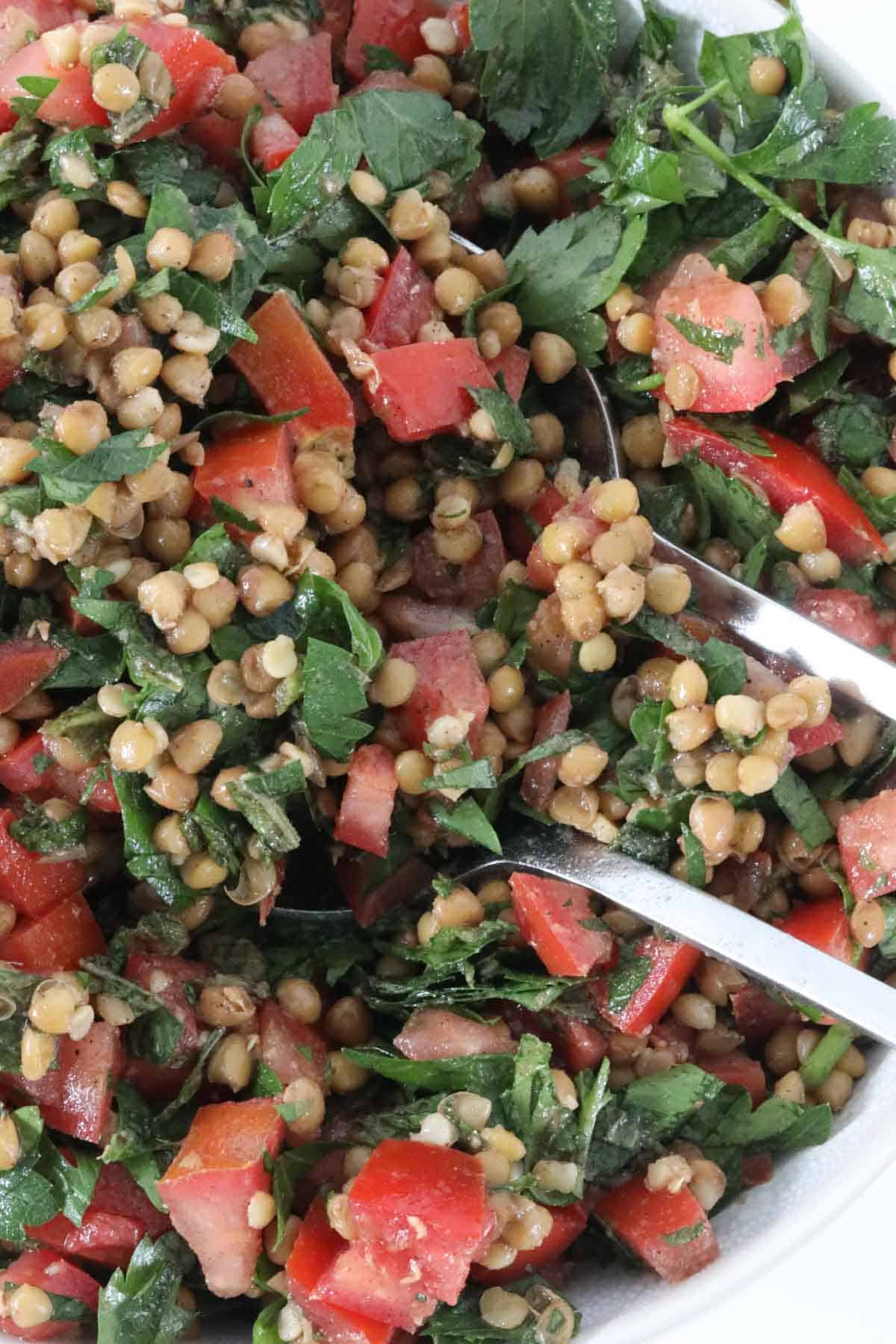 A close up of the completed lentil tabouli in a bowl with salad servers.