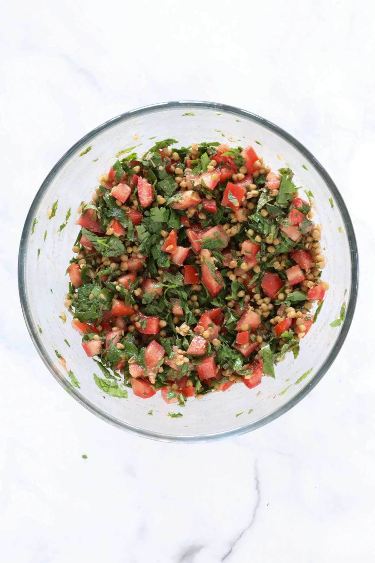 The lentil salad mixed with the dressing in the mixing bowl.