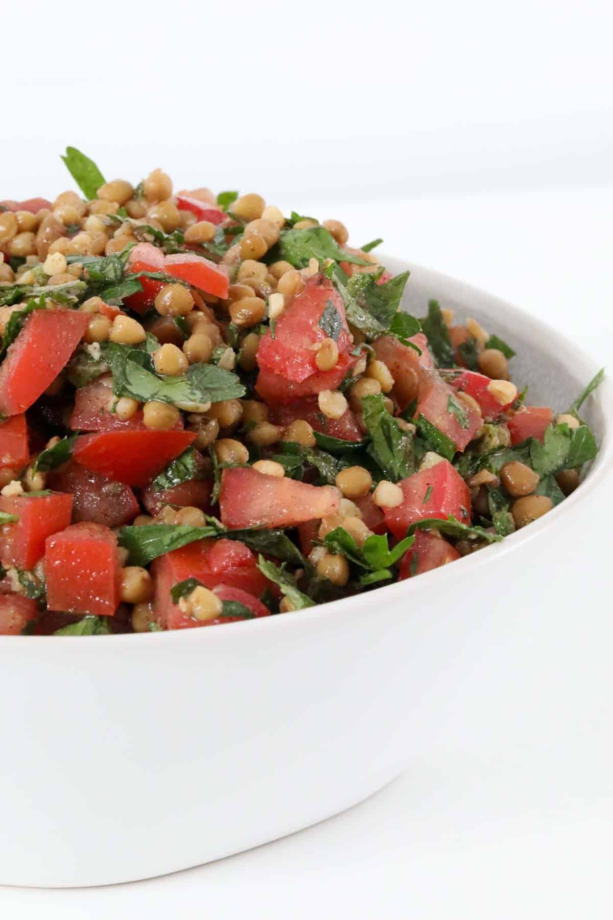 A close up of a white bowl filled with lentil tabouli.