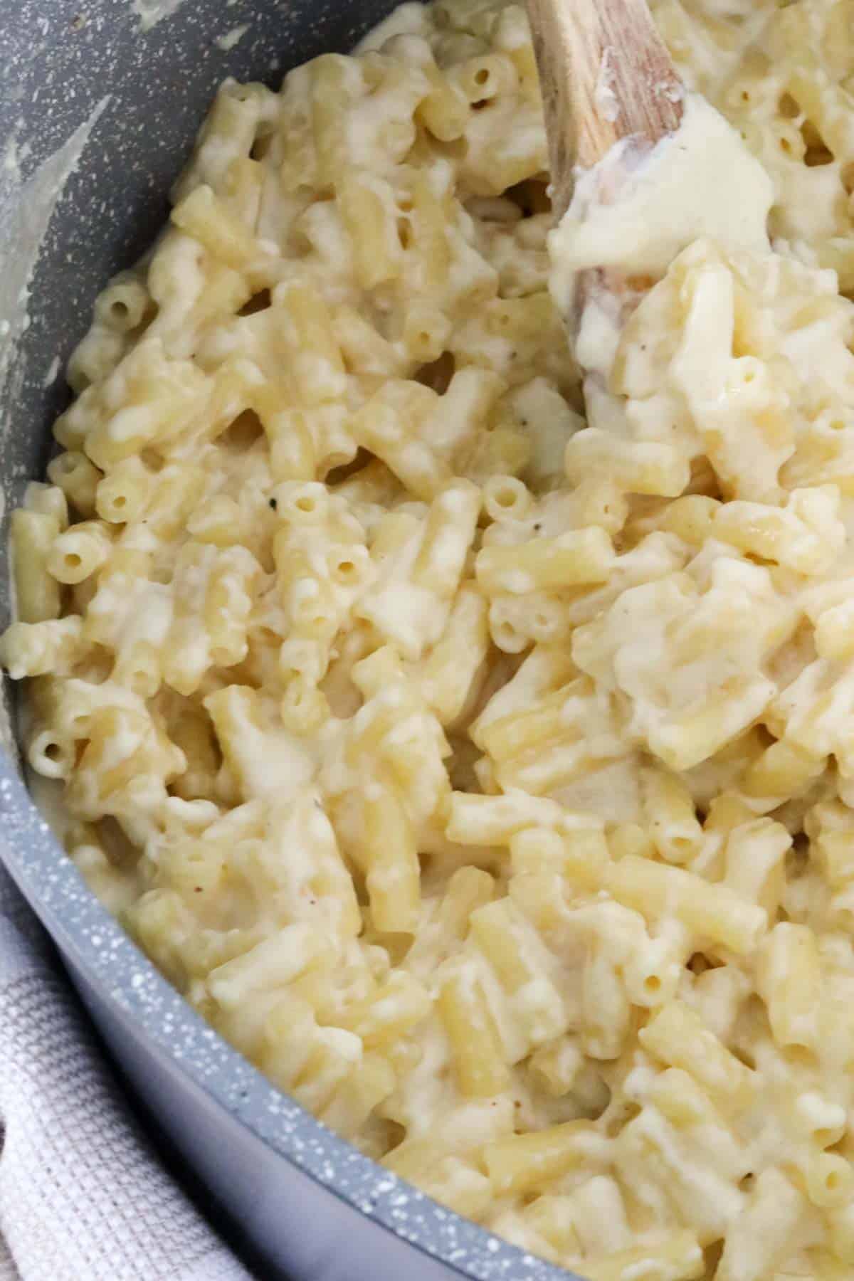 Close up of the creamy macaroni cheese in the cooking pot.