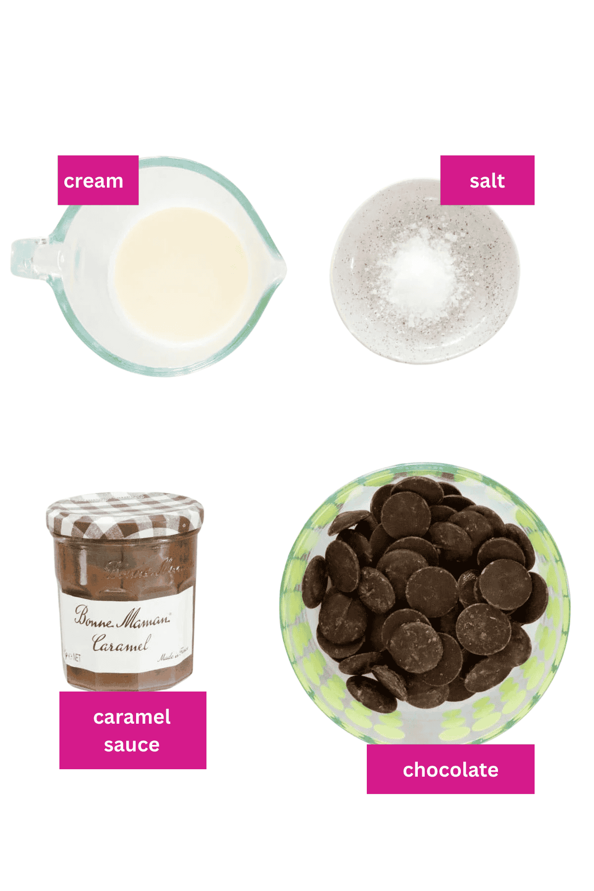 Cream, chocolate, salt and caramel sauce on a white background.