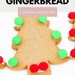 A gingerbread Christmas tree shape decorated with green and red M&M's.