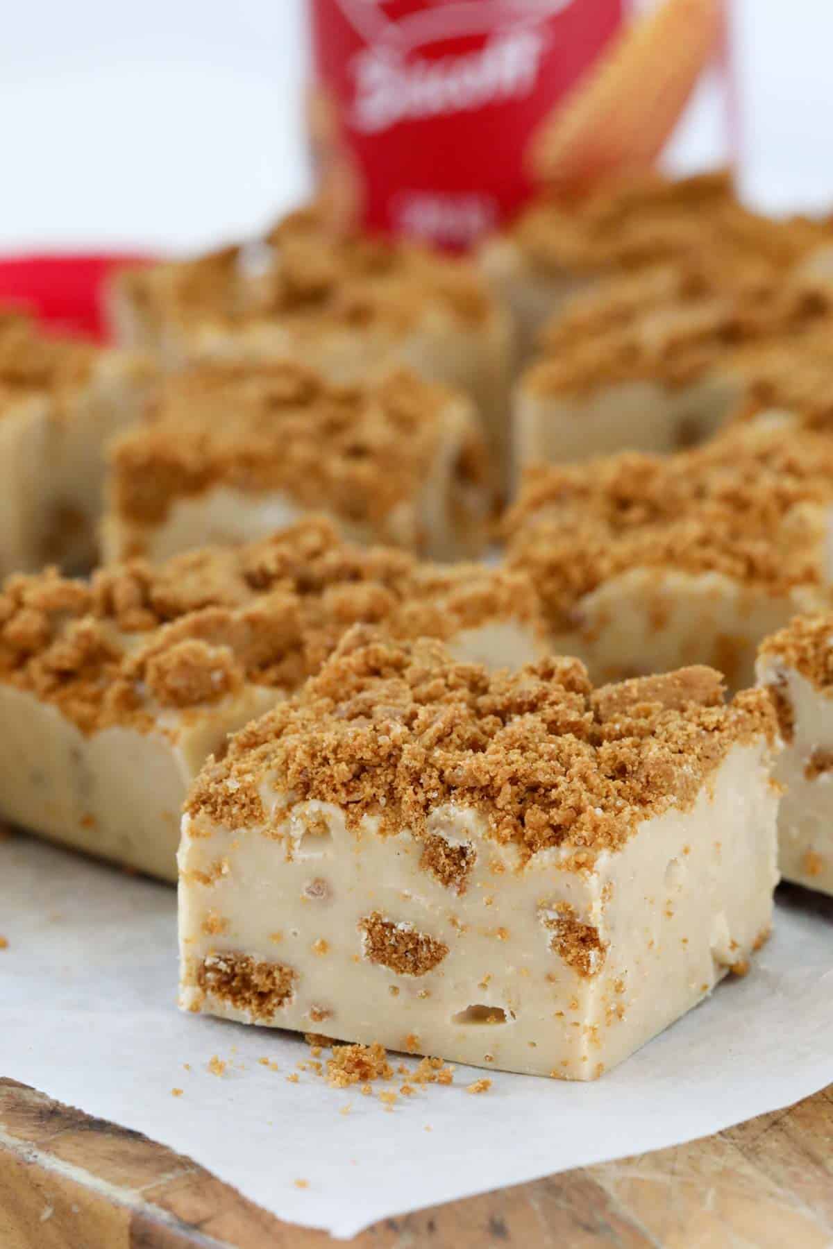 Pieces of creamy fudge with cookie crumbs on top.