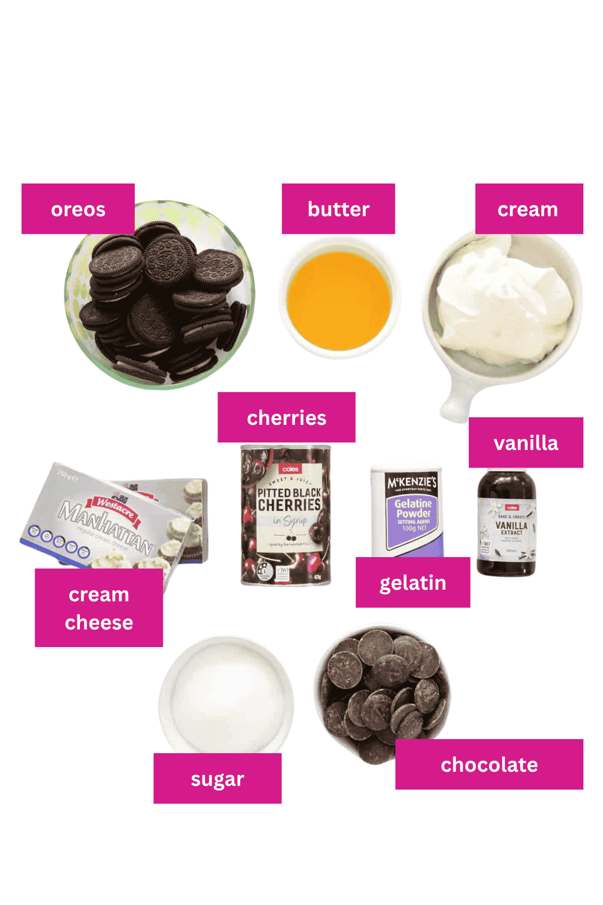 The ingredients for a chocolate cherry cheesecake in small bowls.