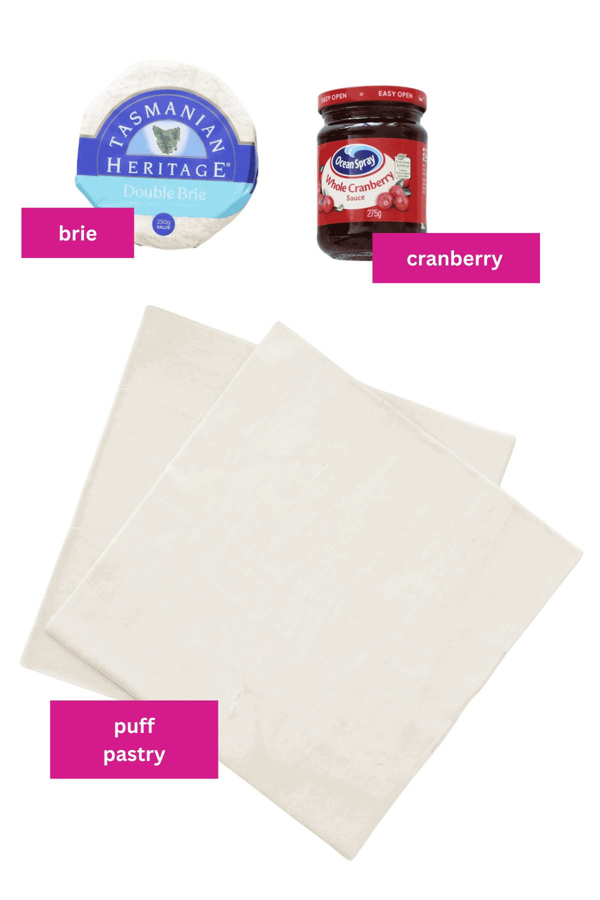 Puff pastry, cranberry jam and brie.