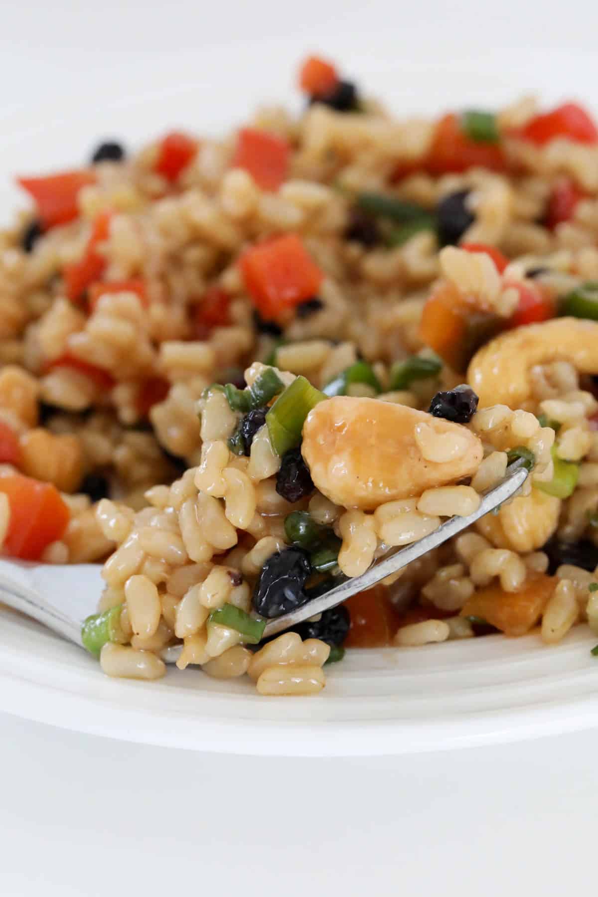 A fork holding a small amount of the rice salad with cashews and currants.