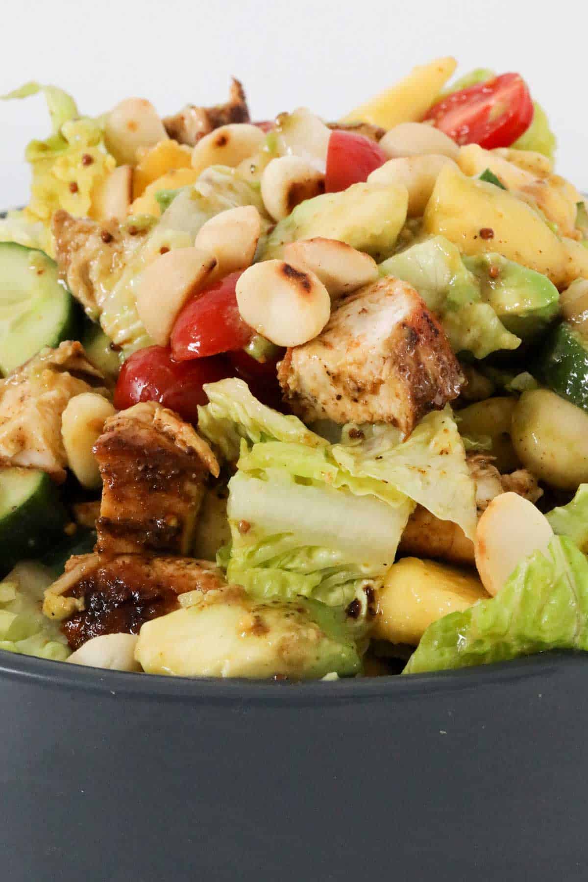 Close up of the dressed chicken salad ready to serve.