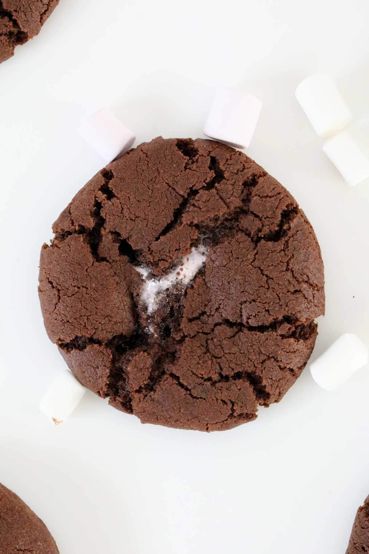 Close up of a baked marshmallow chocolate cookie.