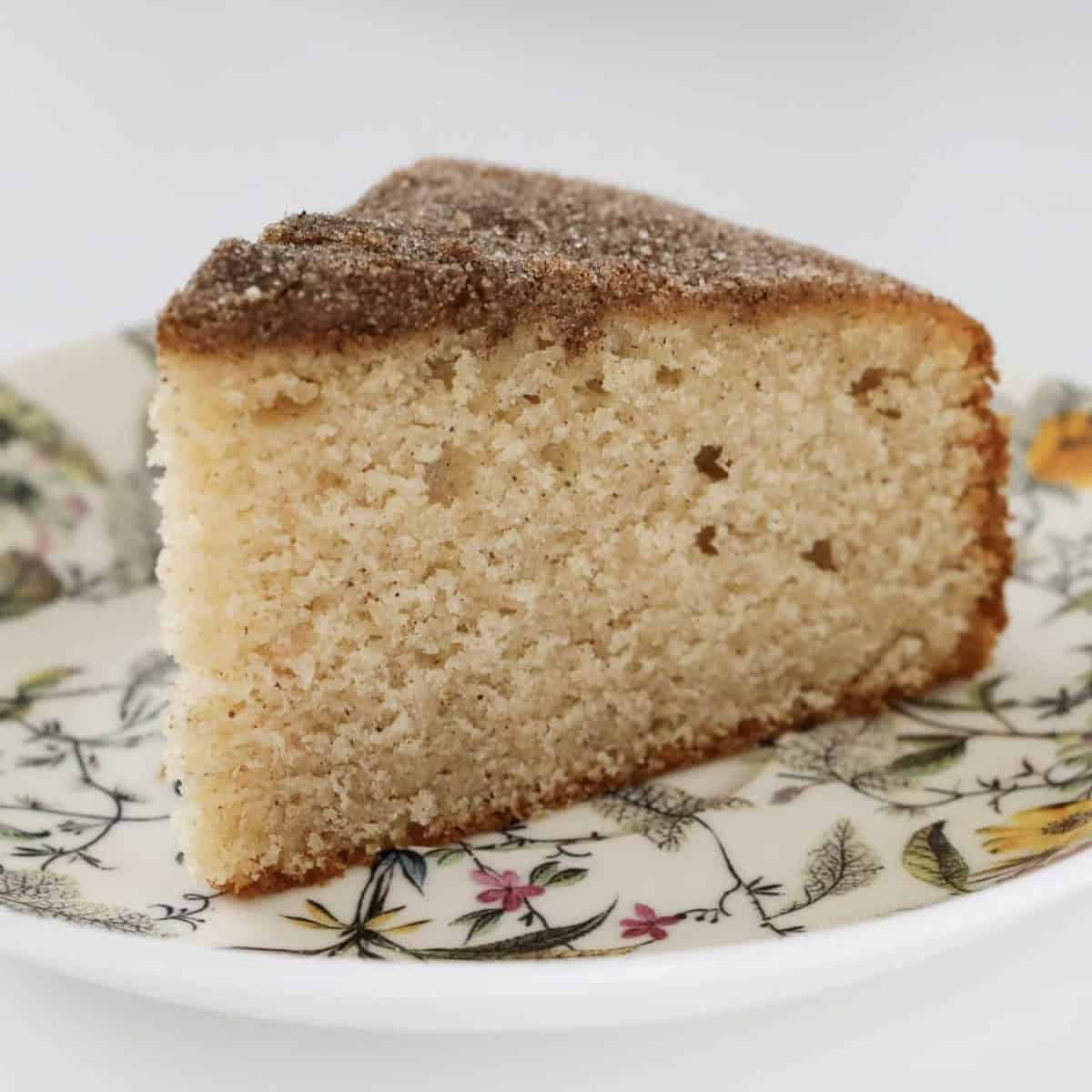 A piece of fluffy cinnamon tea cake with a cinnamon sugar topping.