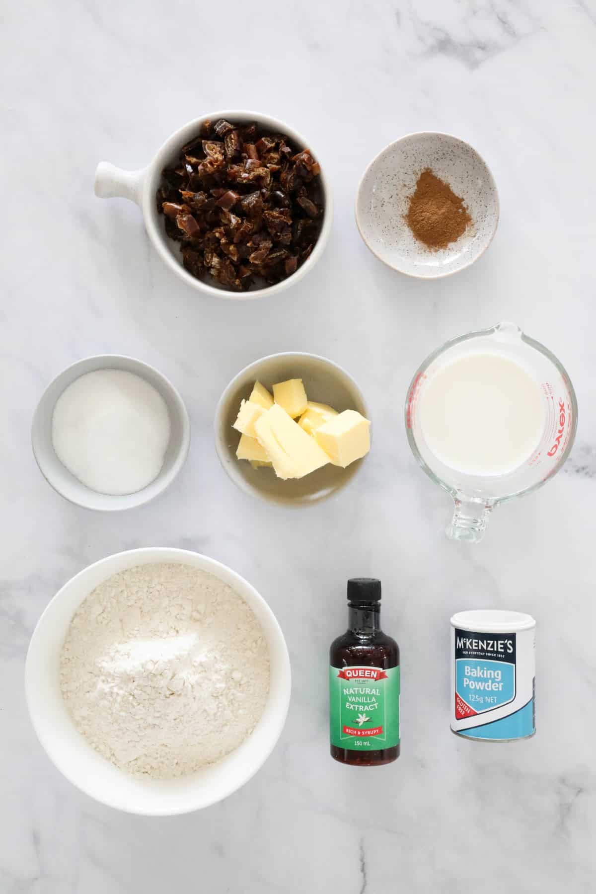 All ingredients required set out on a bench top.