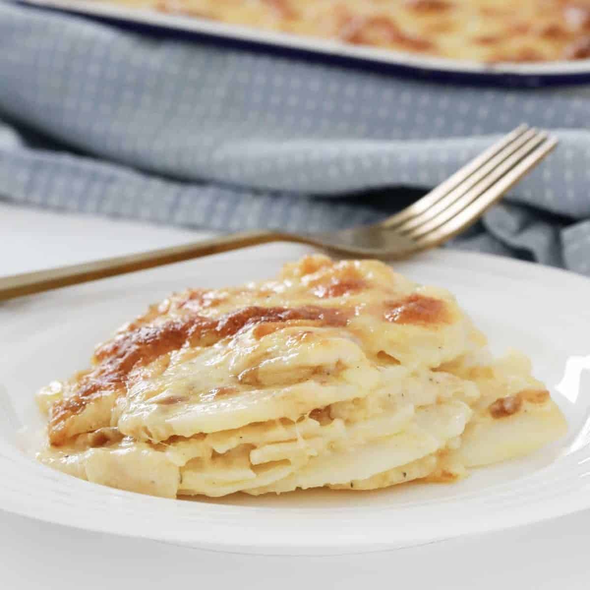 A plate of creamy, cheesy potato bake.
