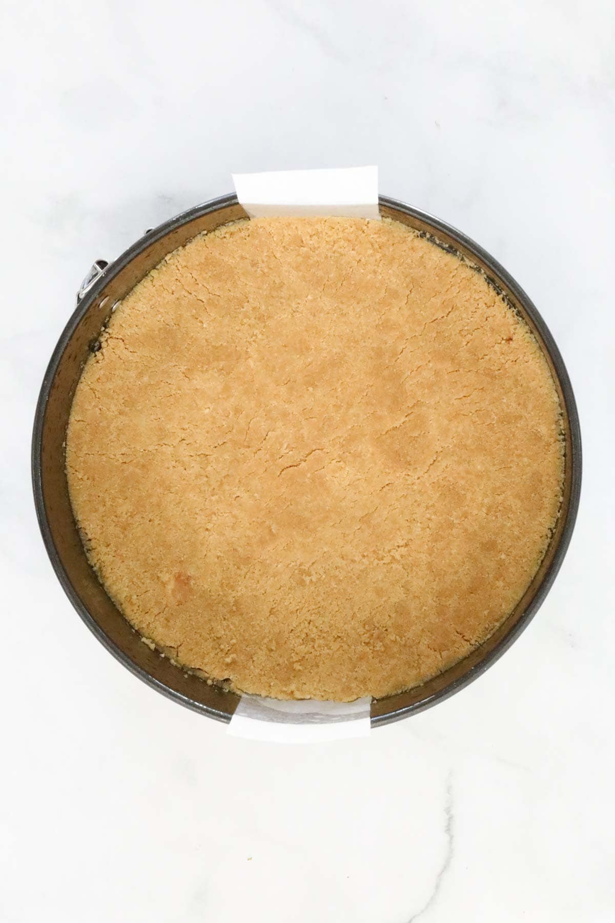 The cheesecake base pressed into a springform tin.