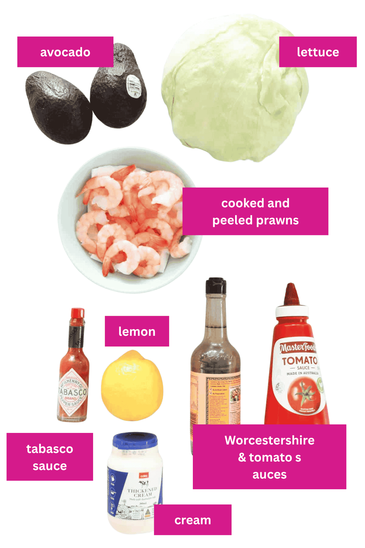 The ingredients for a prawn, avocado and lettuce salad with a marie rose sauce lad out on a white background.