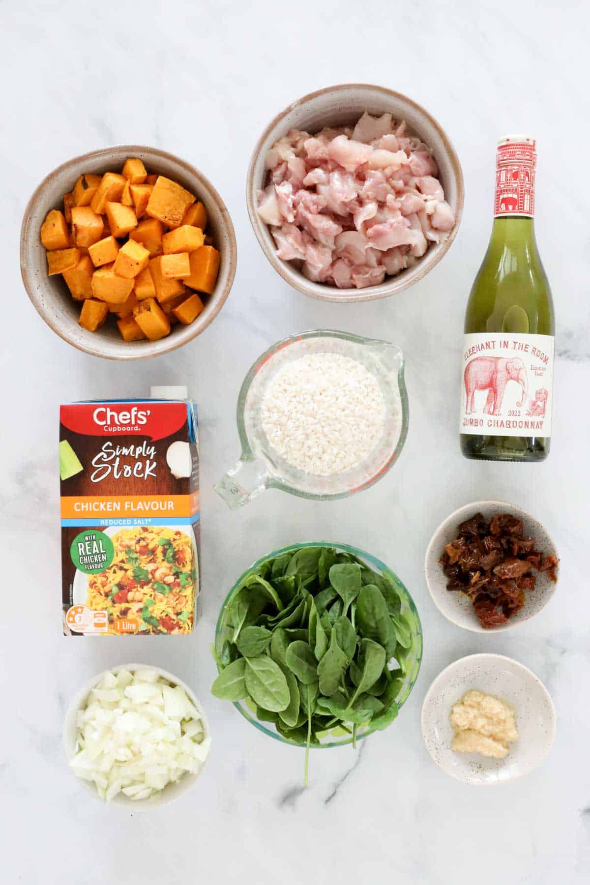 Ingredients needed to make the recipe placed in individual bowls.