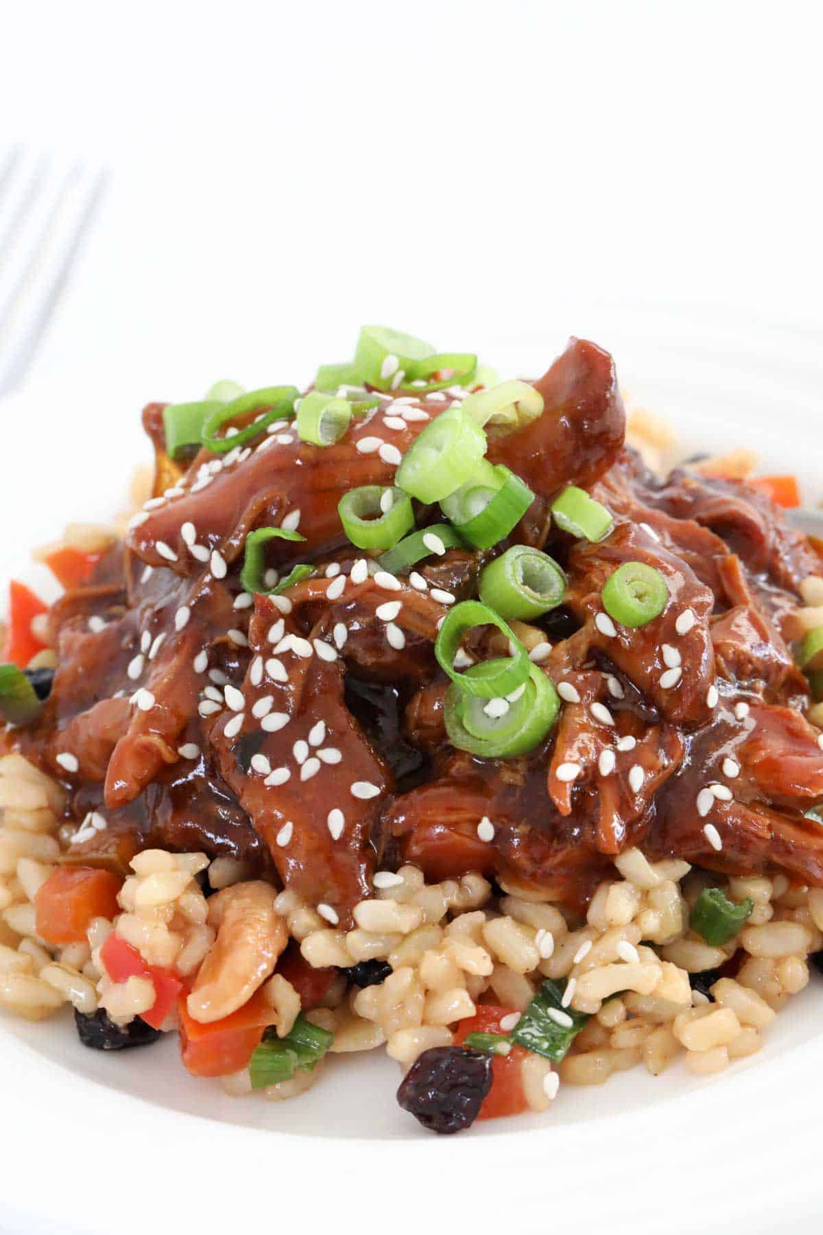 A plate of honey soy chicken served with rice and topped with chopped spring onions and sesame seeds.