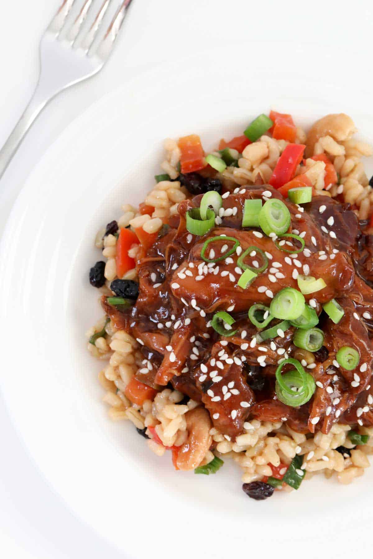 A white plate with a serve of slow cooker honey soy chicken and rice.