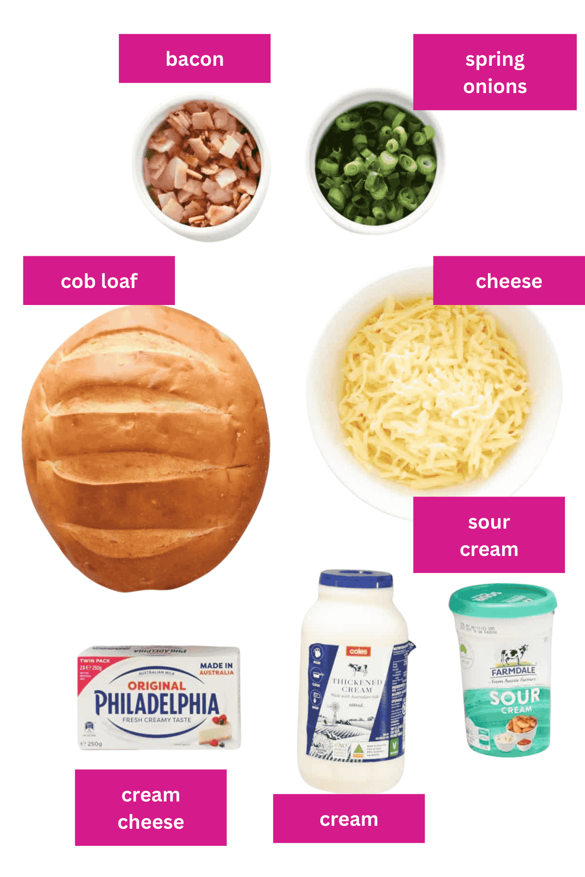 The ingredients for a creamy cob loaf made with bacon, cheese, spring onions.