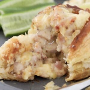 A flakey pastry case filled with a cheesy, creamy chicken and bacon filling.