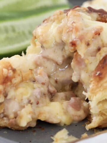 A flakey pastry case filled with a cheesy, creamy chicken and bacon filling.