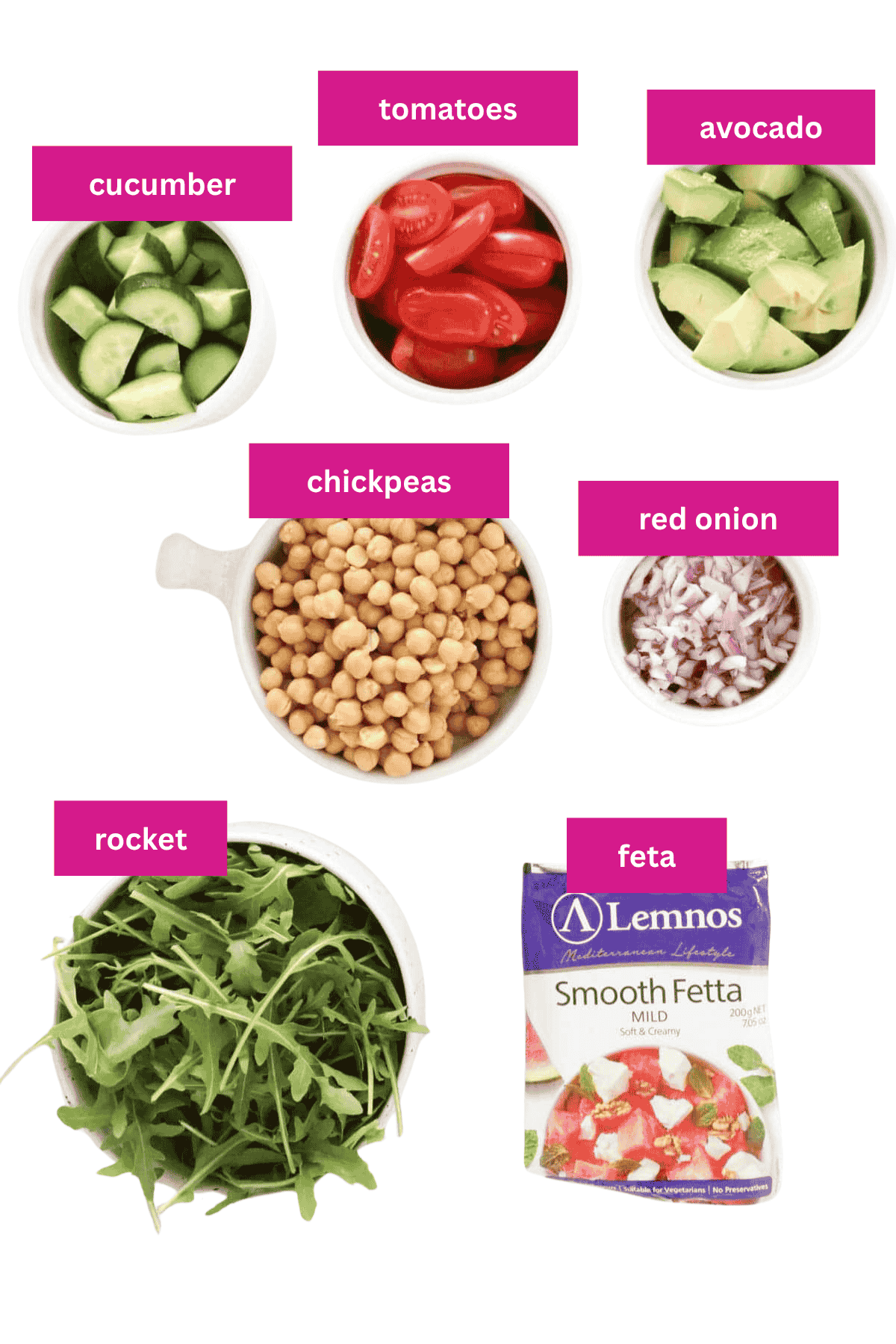 The ingredients for a chickpea salad laid out in small bowls.