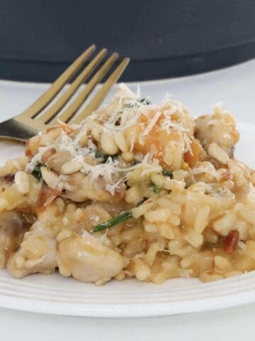 A plate filled with creamy risotto with chunks of chicken, spinach, pumpkin and pine nuts.