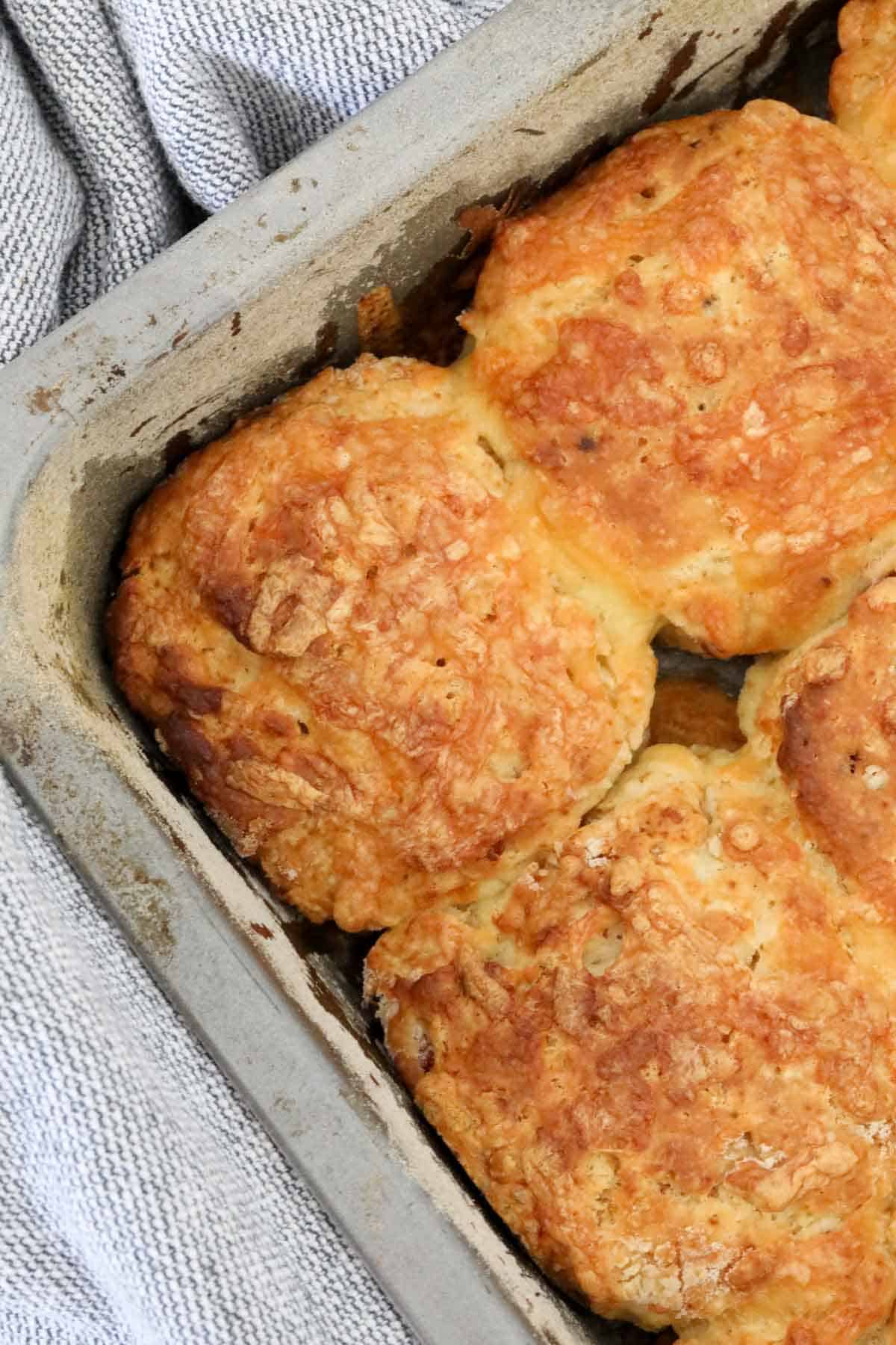 Golden baked cheese and bacon scones in a tin.