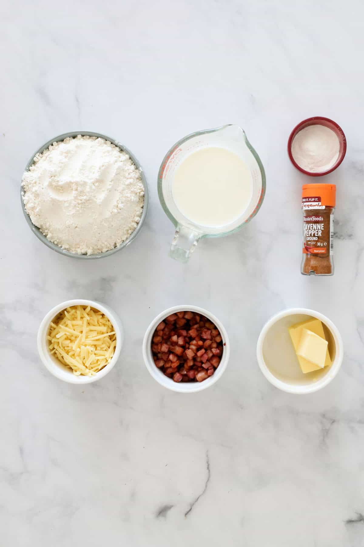 Ingredients needed to make this scene recipe weighed out and placed in individual bowls.