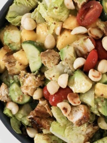An overhead shot of a chicken and mango salad with lettuce, avocado, cucumber and tomatoes.