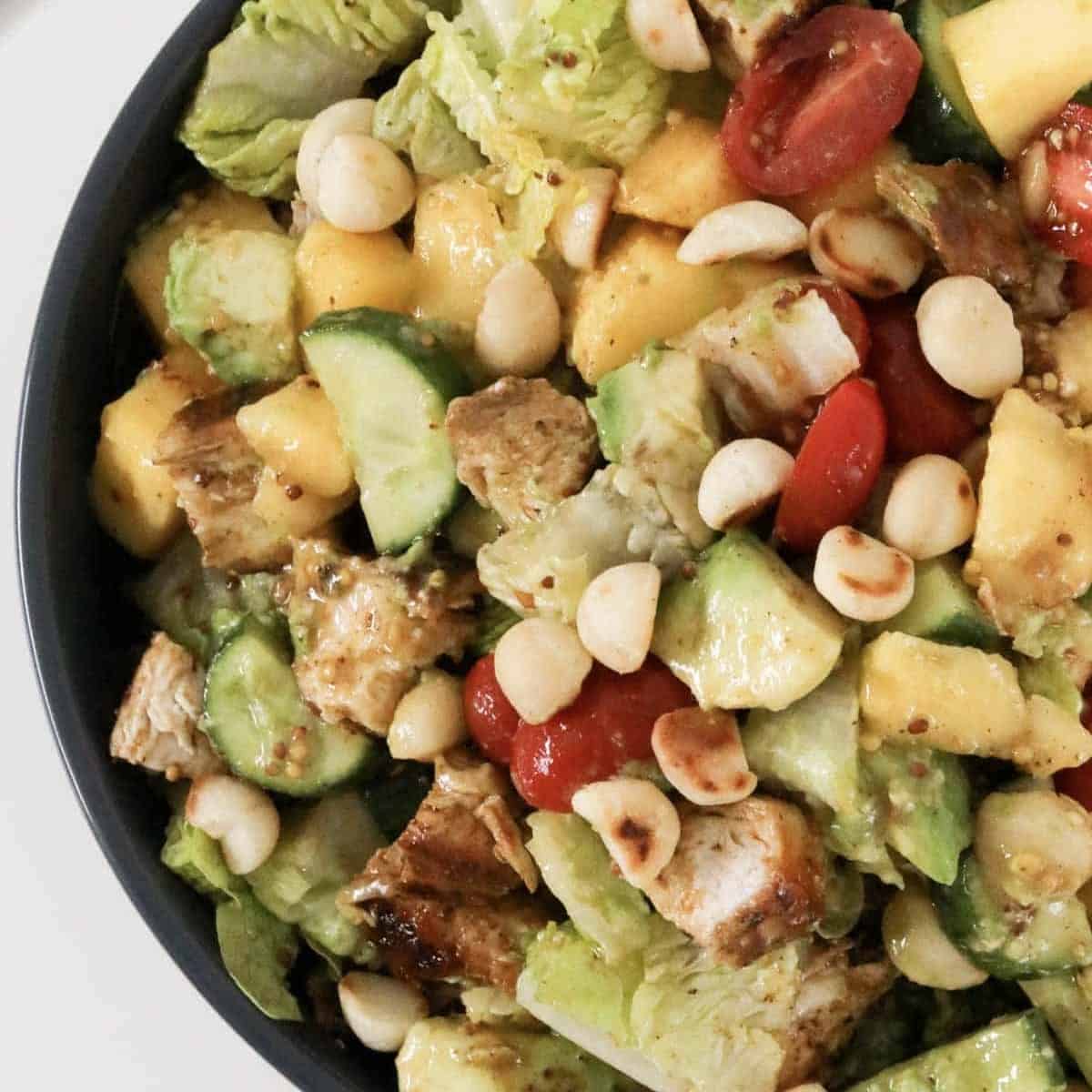 An overhead shot of a chicken and mango salad with lettuce, avocado, cucumber and tomatoes.