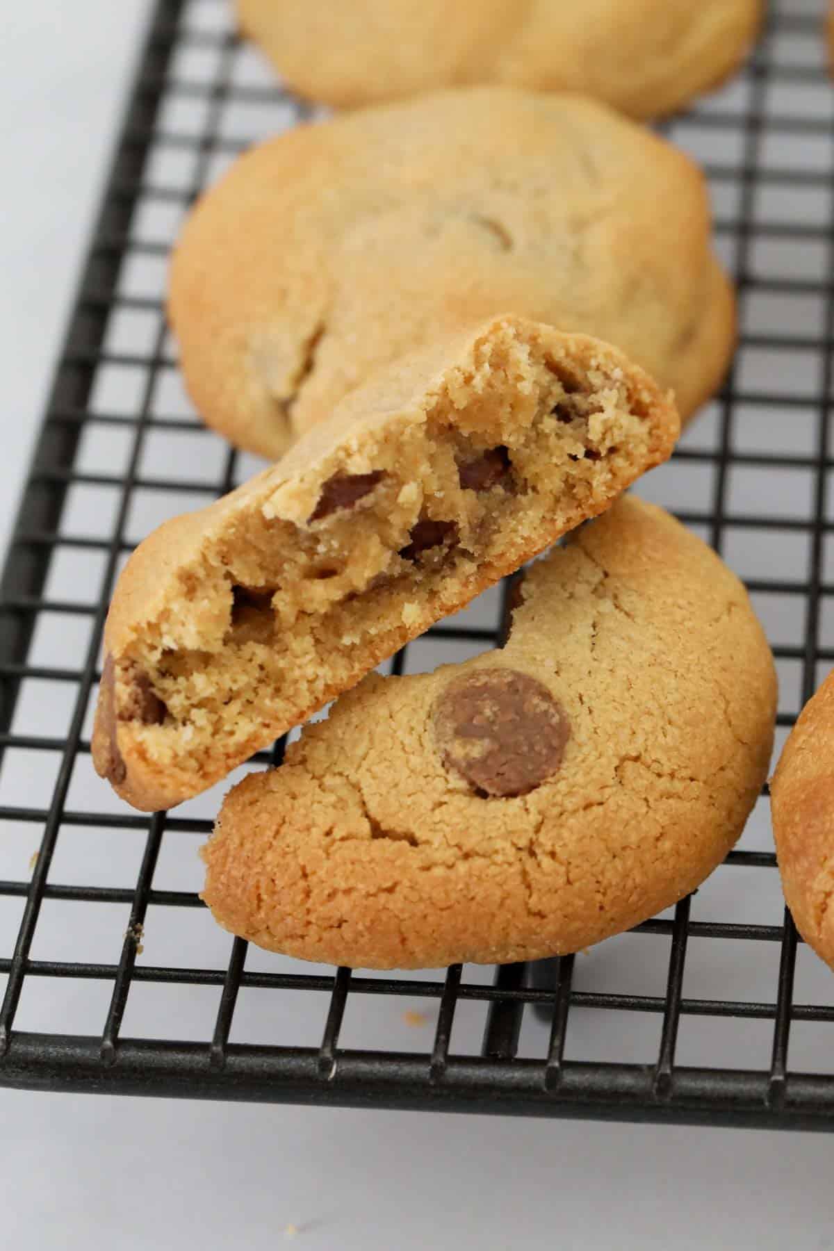 A peanut butter cookie broken in half to show the chocolate chips inside.