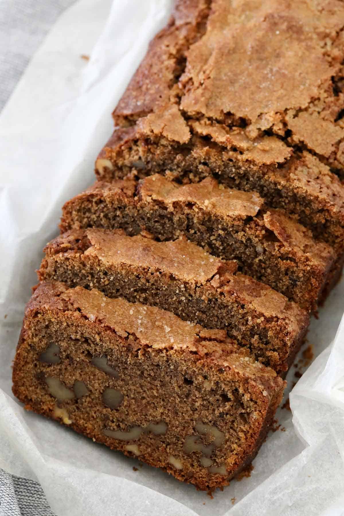 Walnut and coffee loaf cut into slices