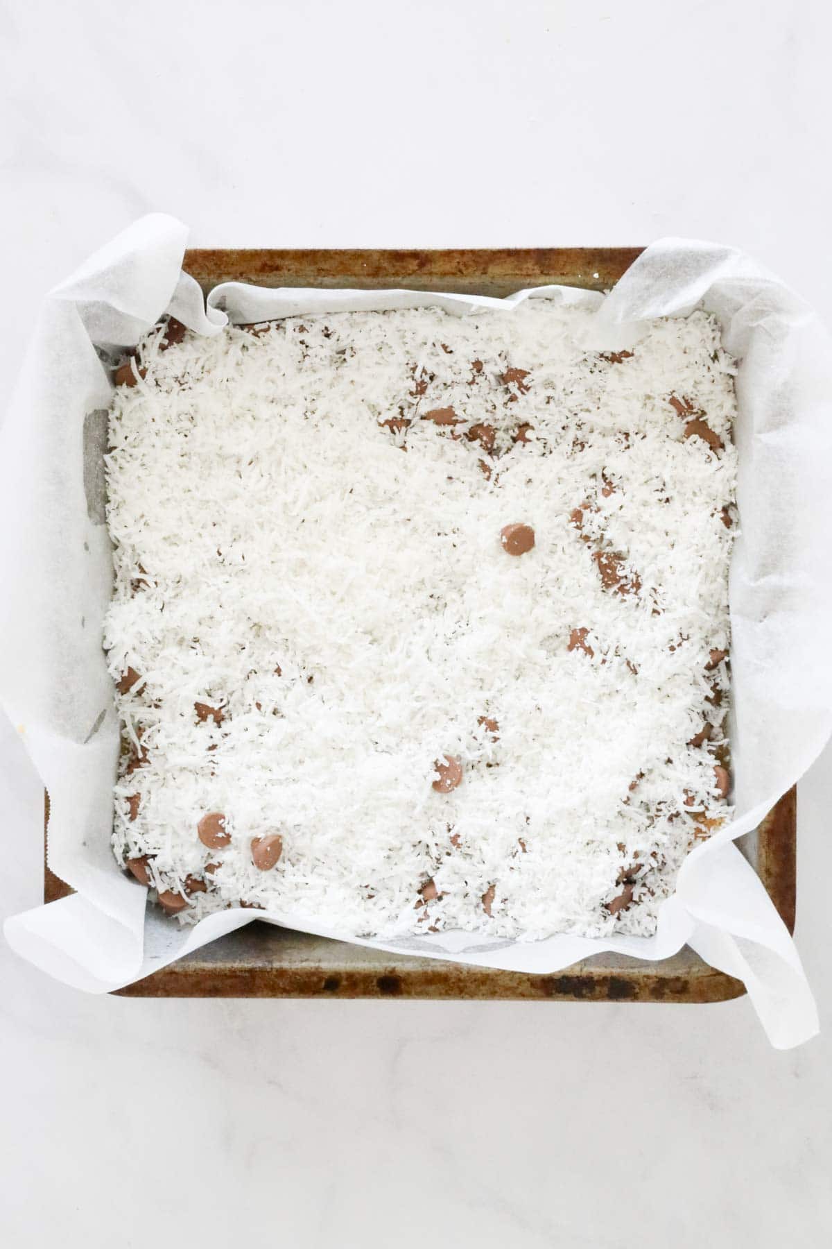 Shredded coconut sprinkled over the chocolate chips in an even layer.