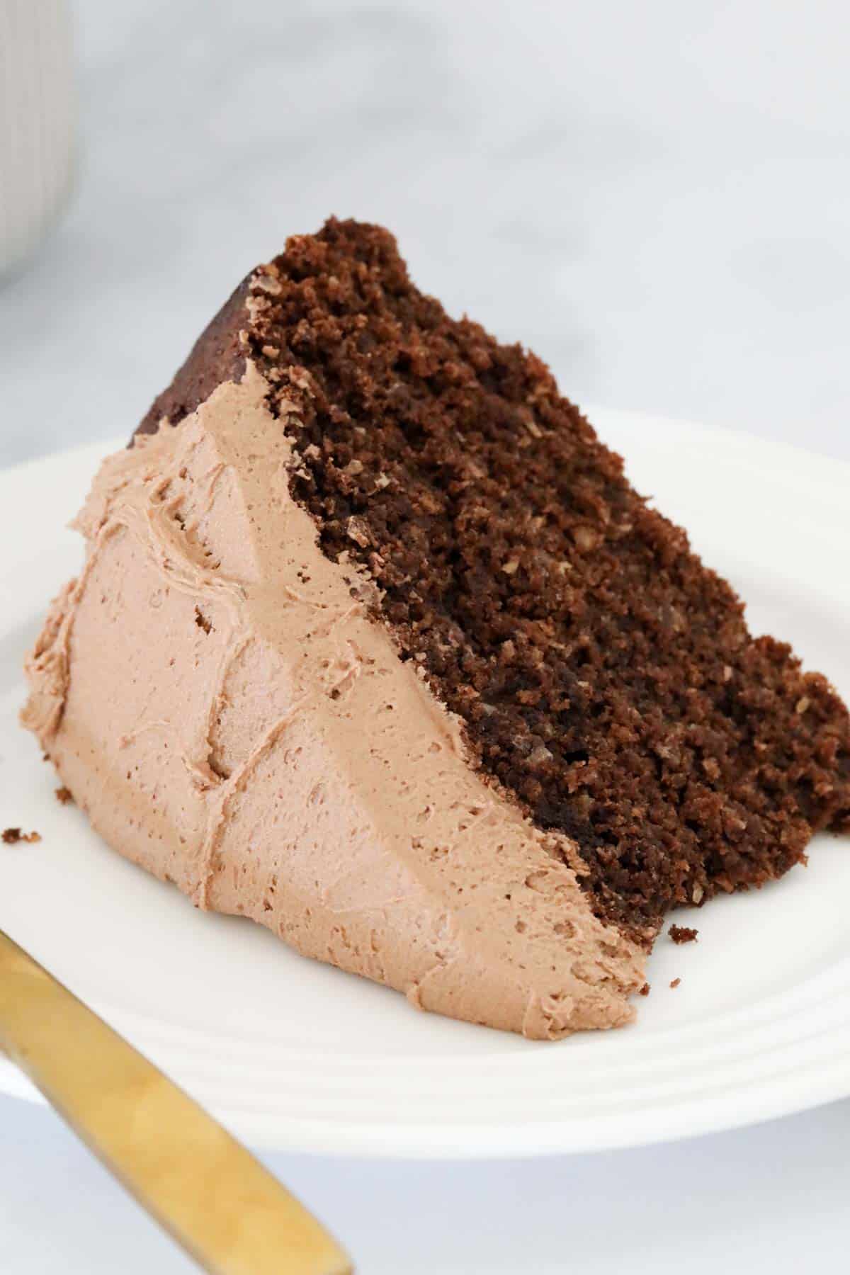 A slice of chocolate cake topped with chocolate buttercream on a white plate.