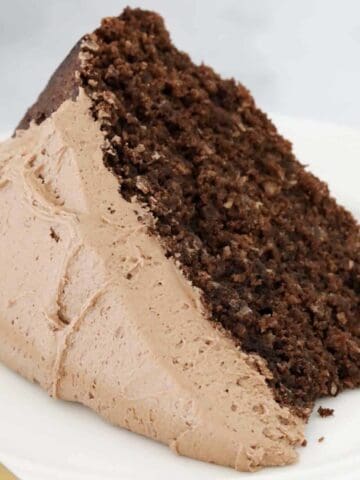 A piece of chocolate cake topped with creamy chocolate buttercream.