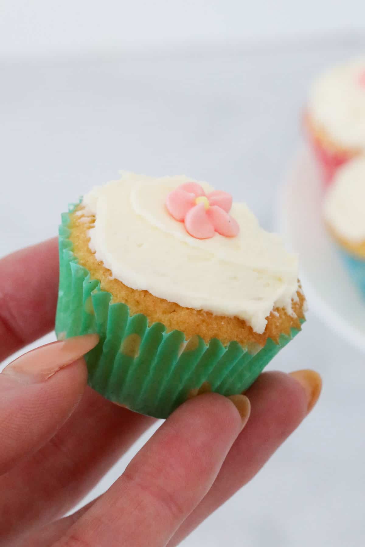 A hand holding a mini cupcake.