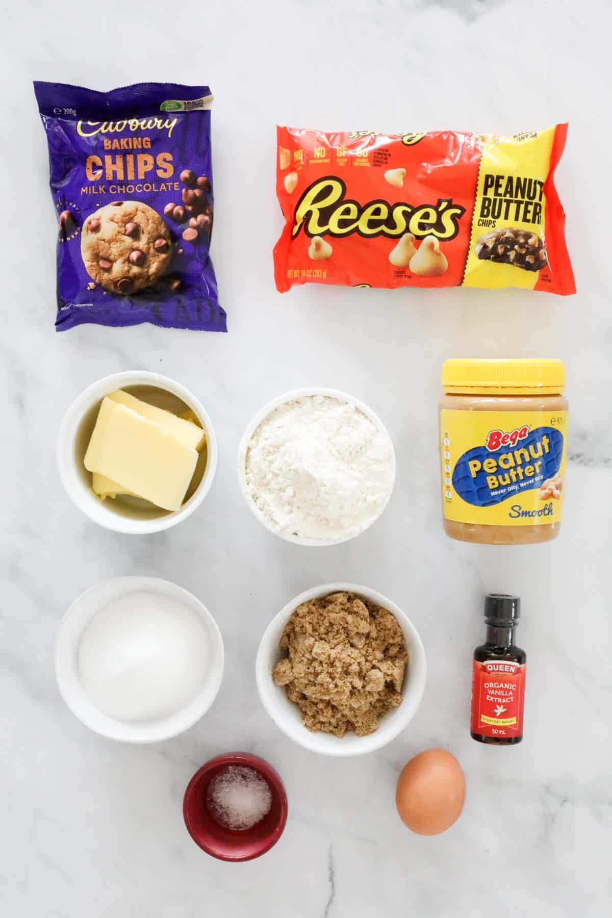 Ingredients needed to make the cookies weighed out and placed in individual bowls.