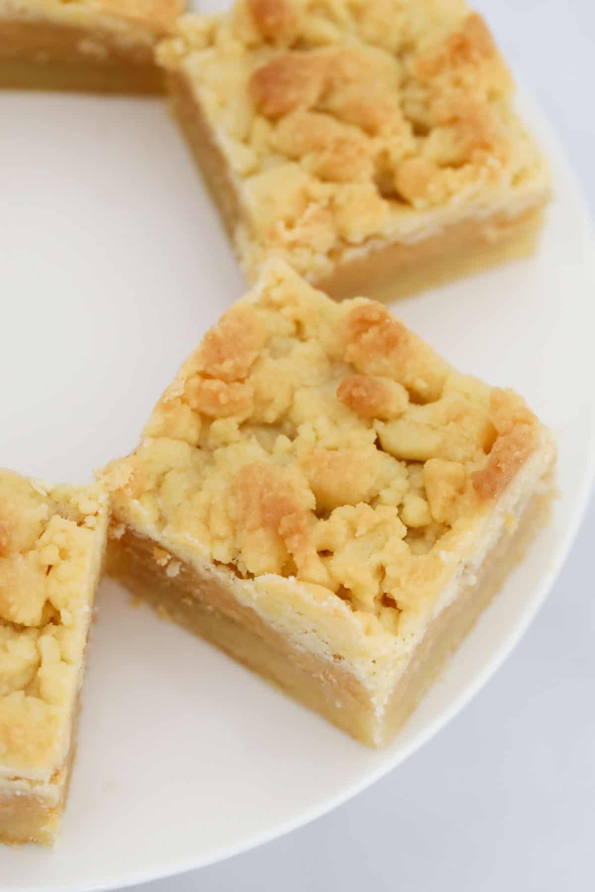 An overhead shot of pieces of a shortcake slice with caramel filling.