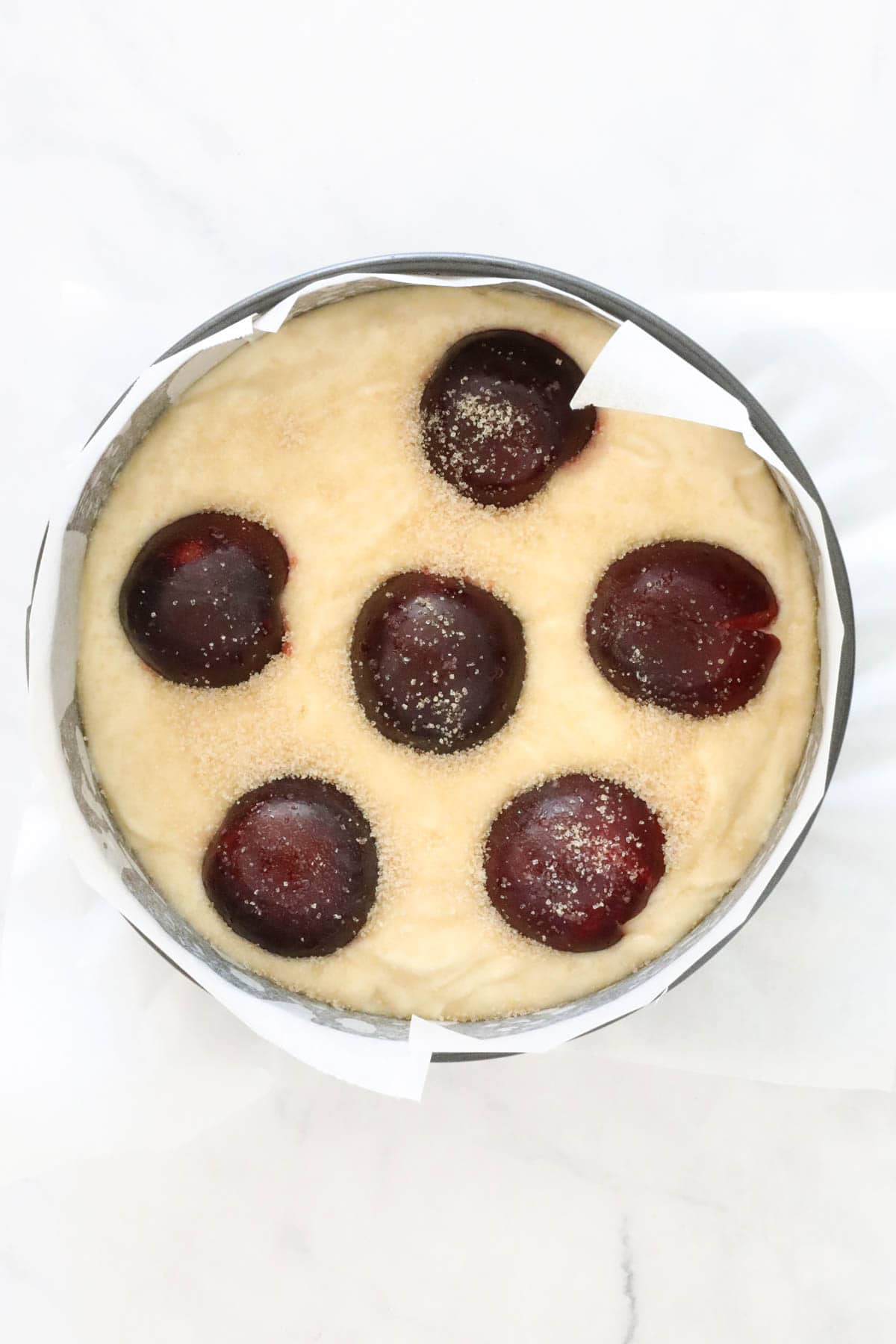 The cake batter poured into the lined cake tin, and plum halves placed on top of the batter.