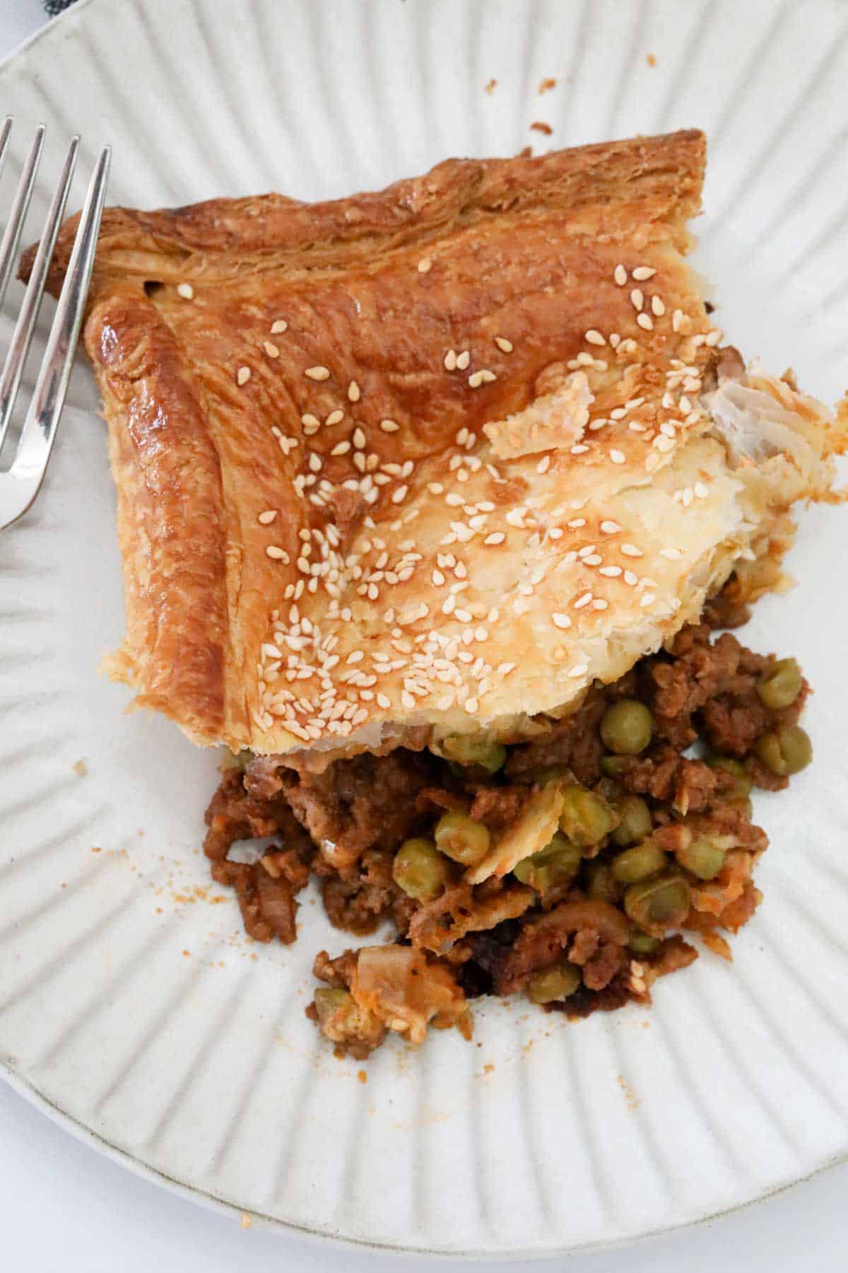 Overhead shot of a serve of meat pie on a plate.