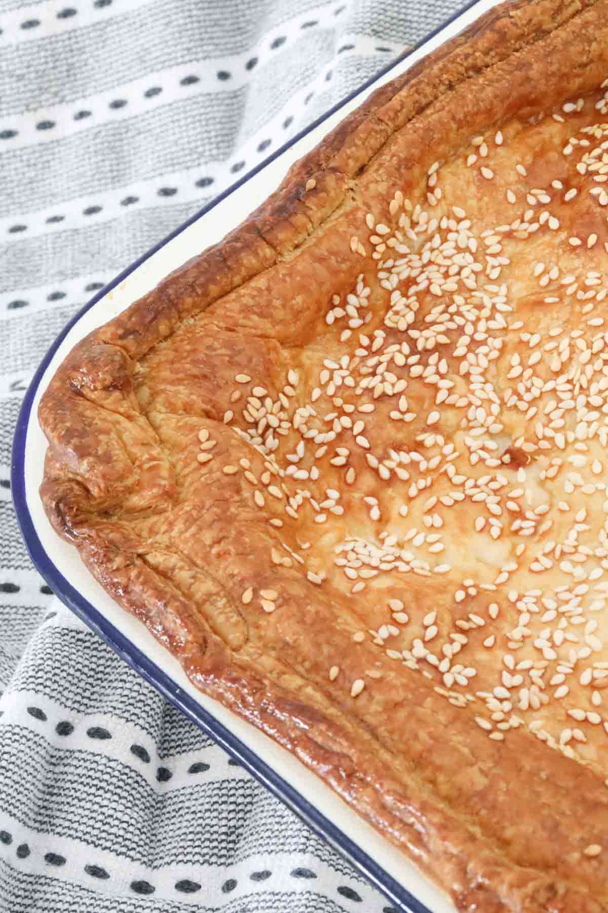 The baked beef mince and cheese pie with a golden pastry top.