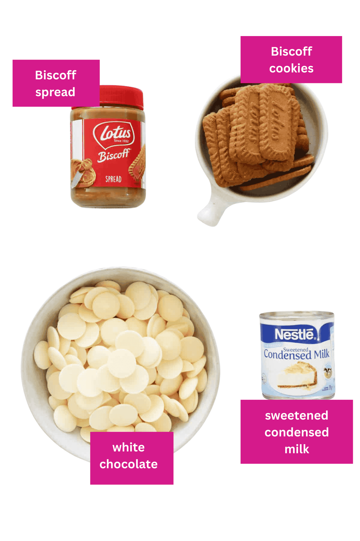 Biscoff spread, Biscoff cookies, white chocolate and sweetened condensed milk.