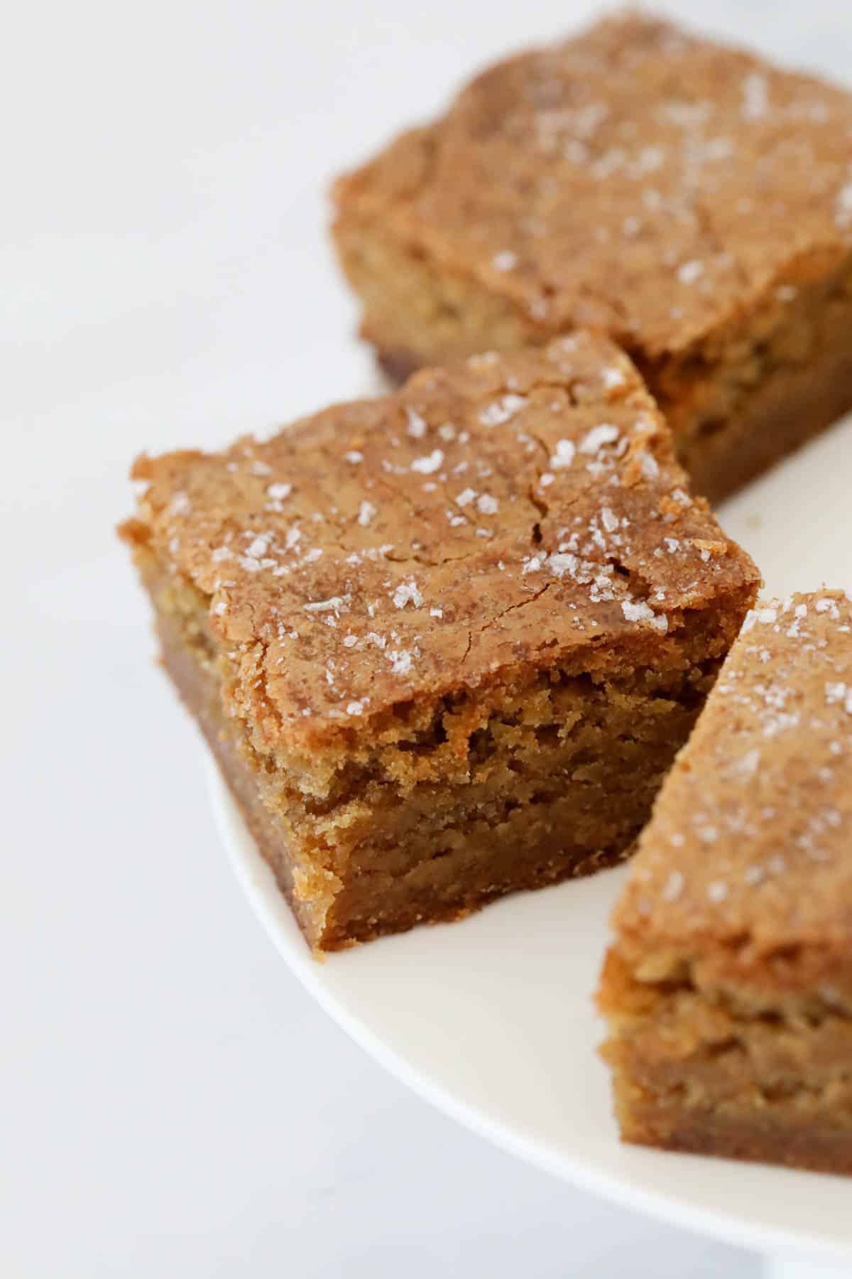 Squares of a moist and fudgy blondie, sprinkled with sea salt.