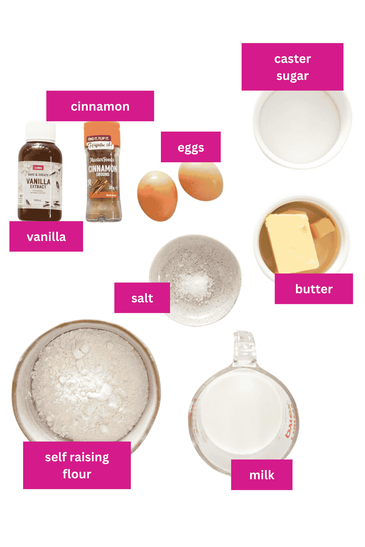 The ingredients for a basic cinnamon tea cake.