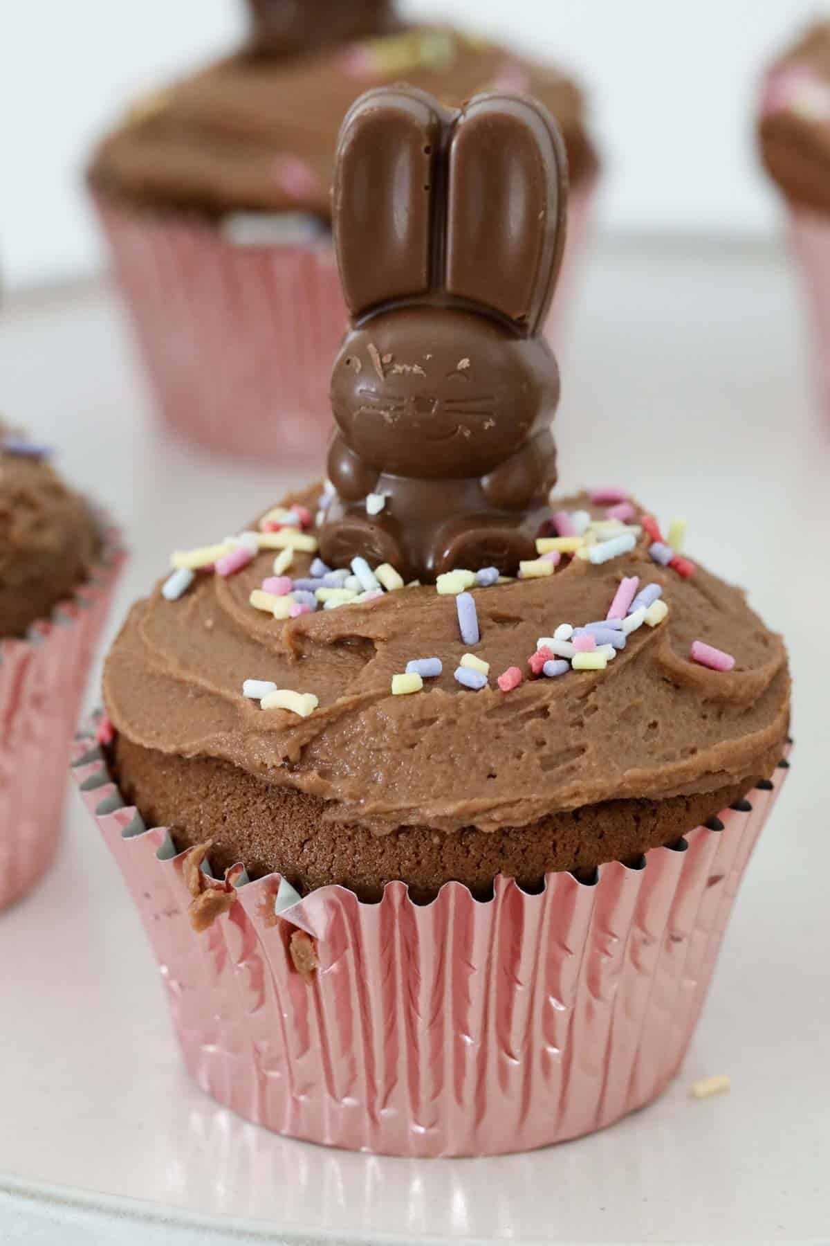 Close up of an Easter Bunny cupcake.
